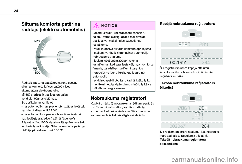 TOYOTA PROACE 2021 Lietošanas Instrukcija (in Latvian) 24
Siltuma komforta patēriņa
rādītājs (elektroautomobilis)
Rādītājs rāda, kā pasažieru salonā esošās siltuma komforta ierīces patērē vilces akumulatora elektroenerģiju.Minētās TOYOTA PROACE 2021 Lietošanas Instrukcija (in Latvian) 24
Siltuma komforta patēriņa
rādītājs (elektroautomobilis)
Rādītājs rāda, kā pasažieru salonā esošās siltuma komforta ierīces patērē vilces akumulatora elektroenerģiju.Minētās