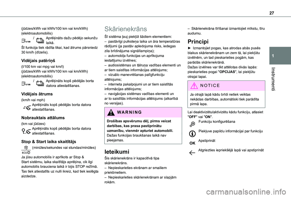 TOYOTA PROACE 2021 Lietošanas Instrukcija (in Latvian) 27
Instrumenti
1
(jūdzes/kWh vai kWh/100 km vai km/kWh) (elektroautomobilis) / Aprēķināts dažu pēdējo sekunžu laikā.Šī funkcija tiek rādīta tikai, kad ātrums pārsniedz 30 km/h (dīzelis TOYOTA PROACE 2021 Lietošanas Instrukcija (in Latvian) 27
Instrumenti
1
(jūdzes/kWh vai kWh/100 km vai km/kWh) (elektroautomobilis) / Aprēķināts dažu pēdējo sekunžu laikā.Šī funkcija tiek rādīta tikai, kad ātrums pārsniedz 30 km/h (dīzelis