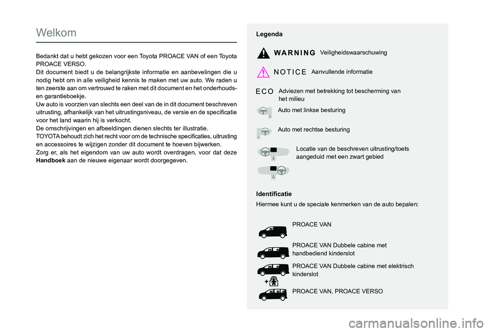 TOYOTA PROACE 2021  Instructieboekje (in Dutch)  
  
 
  
 
  
  
  
  
   
   
 
  
   
   
   
Welkom
Bedankt dat u hebt gekozen voor een Toyota PROACE VAN of een Toyota PROACE VERSO.Dit document biedt u de belangrijkste informatie en aanbeveling