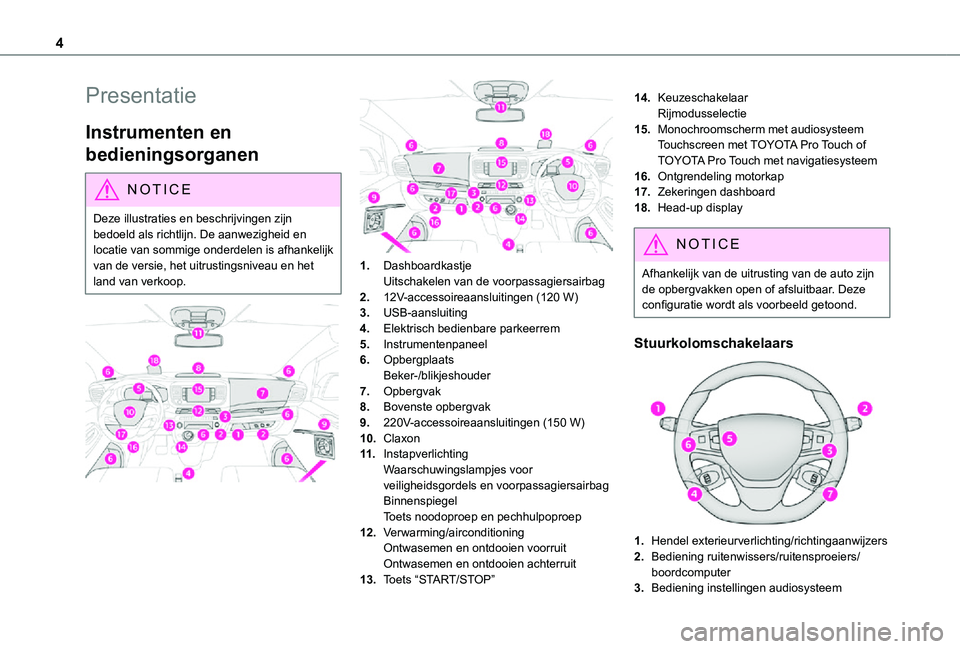 TOYOTA PROACE 2021  Instructieboekje (in Dutch) 4
Presentatie
Instrumenten en 
bedieningsorganen
NOTIC E
Deze illustraties en beschrijvingen zijn bedoeld als richtlijn. De aanwezigheid en 
locatie van sommige onderdelen is afhankelijk van de versie