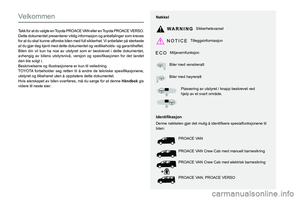 TOYOTA PROACE 2022  Instruksjoner for bruk (in Norwegian)  
  
 
  
 
  
  
  
  
   
   
 
  
   
   
   
Velkommen
Takk for at du valgte en Toyota PROACE VAN eller en Toyota PROACE VERSO.Dette dokumentet presenterer viktig informasjon og anbefalinger som k