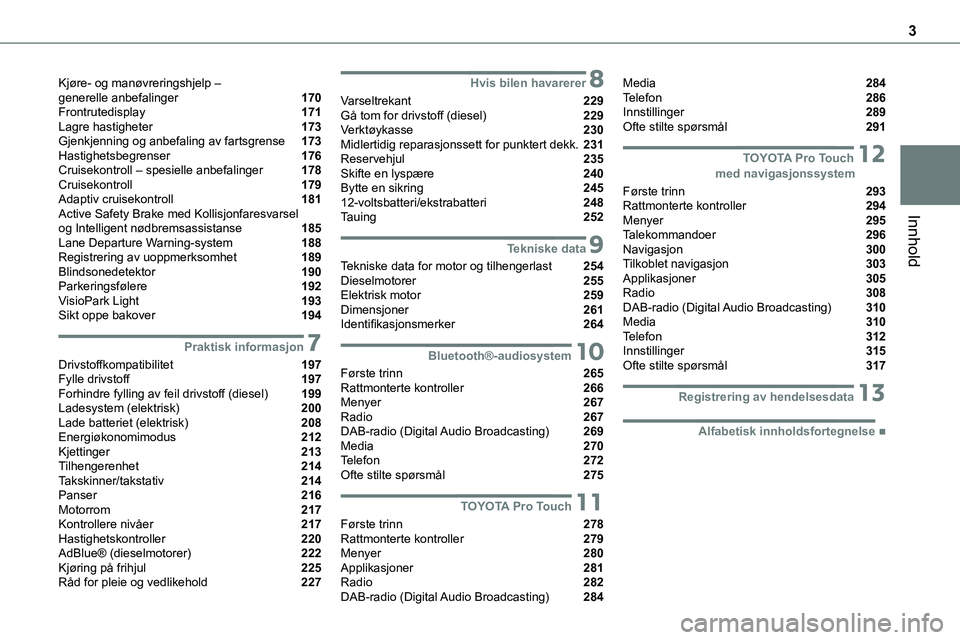 TOYOTA PROACE 2022  Instruksjoner for bruk (in Norwegian) 3
Innhold
Kjøre- og manøvreringshjelp –  generelle anbefalinger  170Frontrutedisplay  171Lagre hastigheter  173Gjenkjenning og anbefaling av fartsgrense  173Hastighetsbegrenser  176Cruisekontroll 