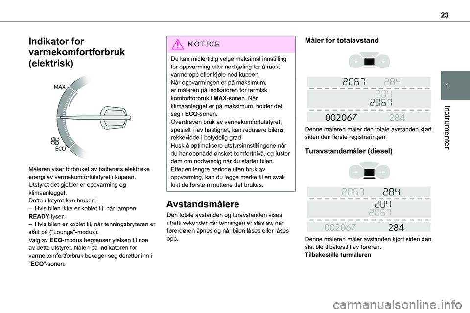 TOYOTA PROACE 2022 Instruksjoner for bruk (in Norwegian) 23
Instrumenter
1
Indikator for
varmekomfortforbruk
(elektrisk)
Måleren viser forbruket av batteriets elektriske energi av varmekomfortutstyret i kupeen.Utstyret det gjelder er oppvarming og kli TOYOTA PROACE 2022 Instruksjoner for bruk (in Norwegian) 23
Instrumenter
1
Indikator for
varmekomfortforbruk
(elektrisk)
Måleren viser forbruket av batteriets elektriske energi av varmekomfortutstyret i kupeen.Utstyret det gjelder er oppvarming og kli