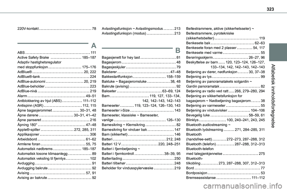 TOYOTA PROACE 2022  Instruksjoner for bruk (in Norwegian) 323
Alfabetisk innholdsfortegnelse
220V-kontakt   78
A
ABS   111Active Safety Brake    185–187Adaptiv hastighetsregulator  
med stoppfunksjon   175–176AdBlue®   20, 222AdBlue®-tank   224AdBlue-a