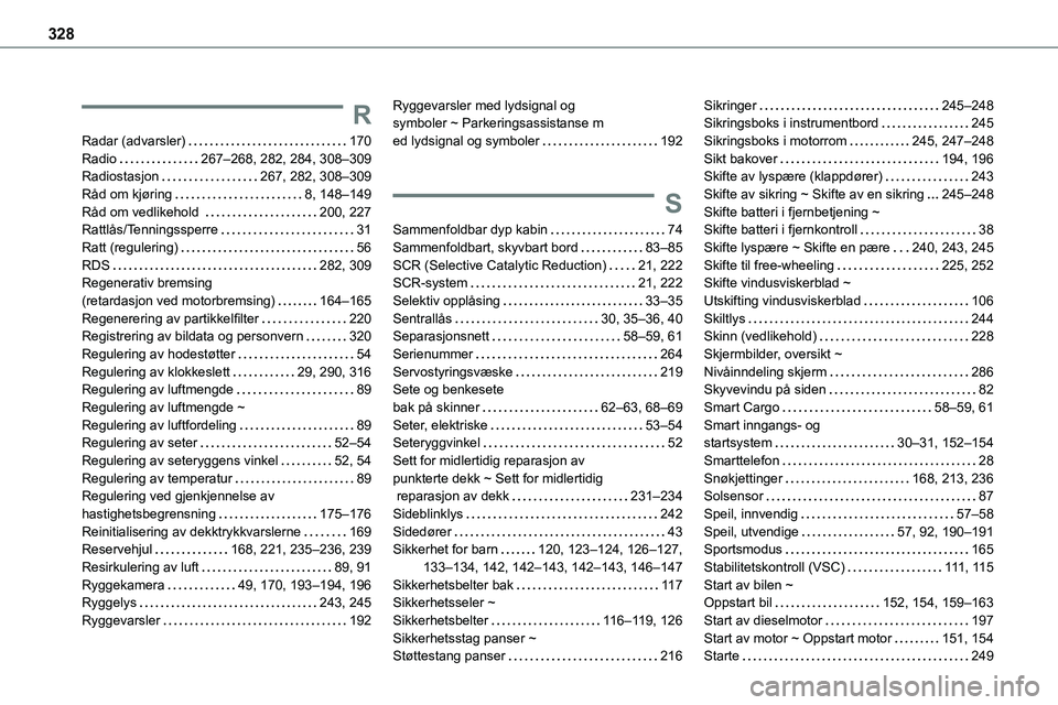 TOYOTA PROACE 2022 Instruksjoner for bruk (in Norwegian) 328
R
Radar (advarsler) 170Radio 267–268, 282, 284, 308–309Radiostasjon 267, 282, 308–309Råd om kjøring 8, 148–149Råd om vedlikehold 200, 227Rattlås/Tenningssperre 31
Ratt (re TOYOTA PROACE 2022 Instruksjoner for bruk (in Norwegian) 328
R
Radar (advarsler) 170Radio 267–268, 282, 284, 308–309Radiostasjon 267, 282, 308–309Råd om kjøring 8, 148–149Råd om vedlikehold 200, 227Rattlås/Tenningssperre 31
Ratt (re
