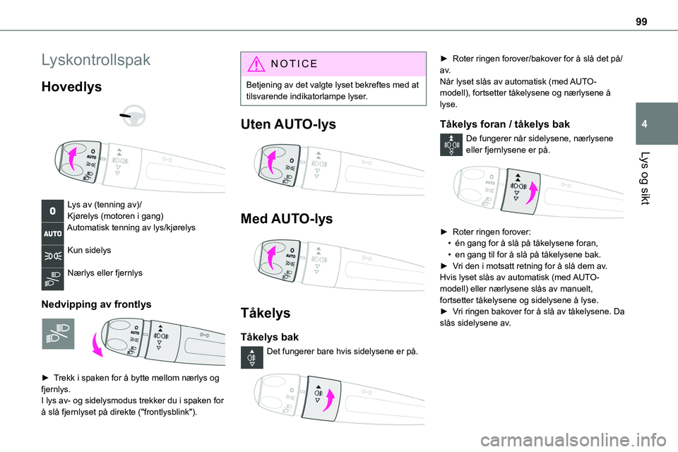 TOYOTA PROACE 2022 Instruksjoner for bruk (in Norwegian) 99
Lys og sikt
4
Lyskontrollspak
Hovedlys
Lys av (tenning av)/Kjørelys (motoren i gang)Automatisk tenning av lys/kjørelys
Kun sidelys
Nærlys eller fjernlys
Nedvipping av frontlys
► Tr TOYOTA PROACE 2022 Instruksjoner for bruk (in Norwegian) 99
Lys og sikt
4
Lyskontrollspak
Hovedlys
Lys av (tenning av)/Kjørelys (motoren i gang)Automatisk tenning av lys/kjørelys
Kun sidelys
Nærlys eller fjernlys
Nedvipping av frontlys
► Tr