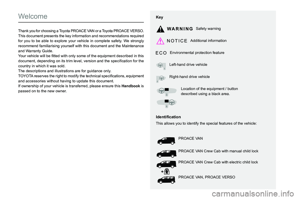 TOYOTA PROACE 2022  Owners Manual (in English)  
  
 
  
 
  
  
  
  
   
   
 
  
   
   
   
Welcome
Thank you for choosing a Toyota PROACE VAN or a Toyota PROACE VERSO.This document presents the key information and recommendations required for