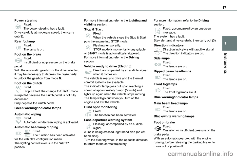 TOYOTA PROACE 2022  Owners Manual (in English) 17
Instruments
1
Power steeringFixed.The power steering has a fault.Drive carefully at moderate speed, then carry out (3).
Rear foglampFixed.The lamp is on.
Foot on the brake
Fixed.Insufficient or no 