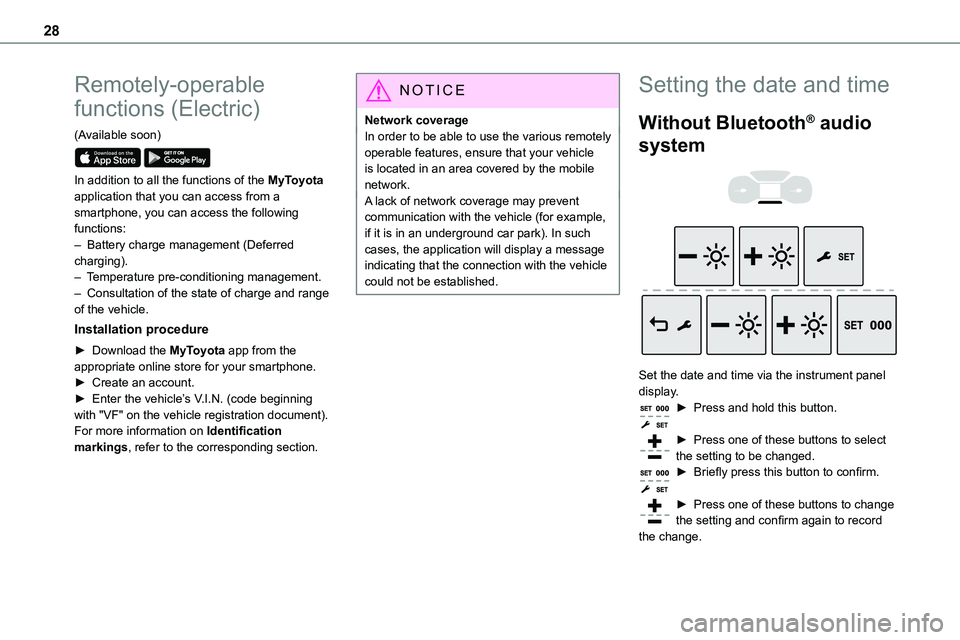 TOYOTA PROACE 2022 Owners Manual (in English) 28
Remotely-operable
functions (Electric)
(Available soon)
In addition to all the functions of the MyToyota application that you can access from a smartphone, you can access the following function TOYOTA PROACE 2022 Owners Manual (in English) 28
Remotely-operable
functions (Electric)
(Available soon)
In addition to all the functions of the MyToyota application that you can access from a smartphone, you can access the following function