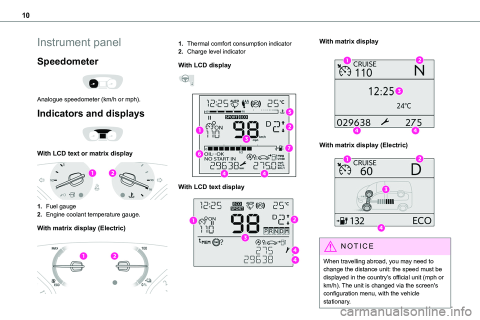 TOYOTA PROACE 2022  Owners Manual (in English) 10
Instrument panel
Speedometer 
 
Analogue speedometer (km/h or mph).
Indicators and displays 
 
With LCD text or matrix display 
 
1.Fuel gauge
2.Engine coolant temperature gauge.
With matrix displa