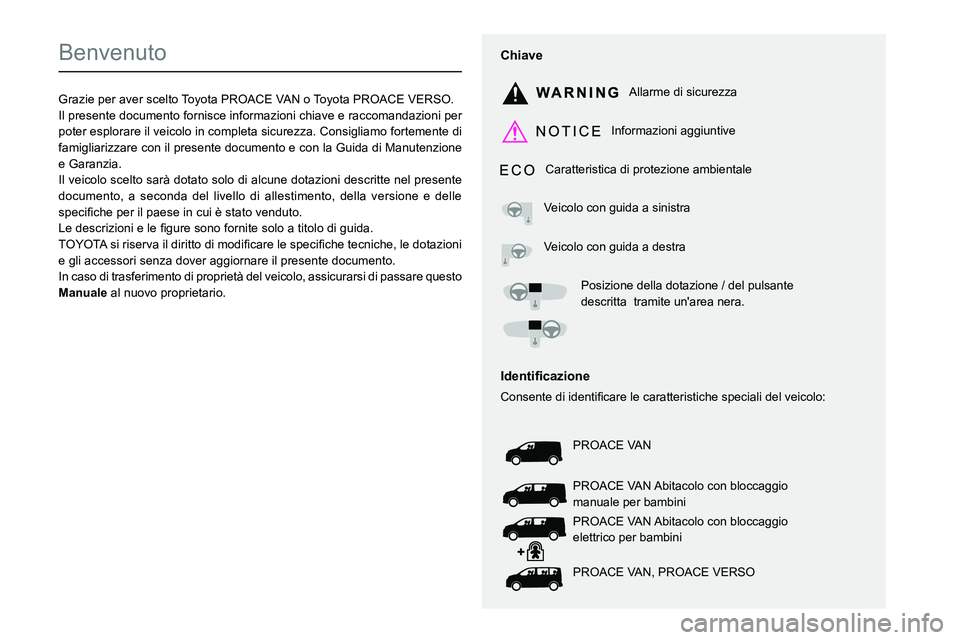 TOYOTA PROACE 2022  Manuale duso (in Italian)  
  
 
  
 
  
  
  
  
   
   
 
  
   
   
   
Benvenuto
Grazie per aver scelto Toyota PROACE VAN o Toyota PROACE VERSO.Il presente documento fornisce informazioni chiave e raccomandazioni per poter