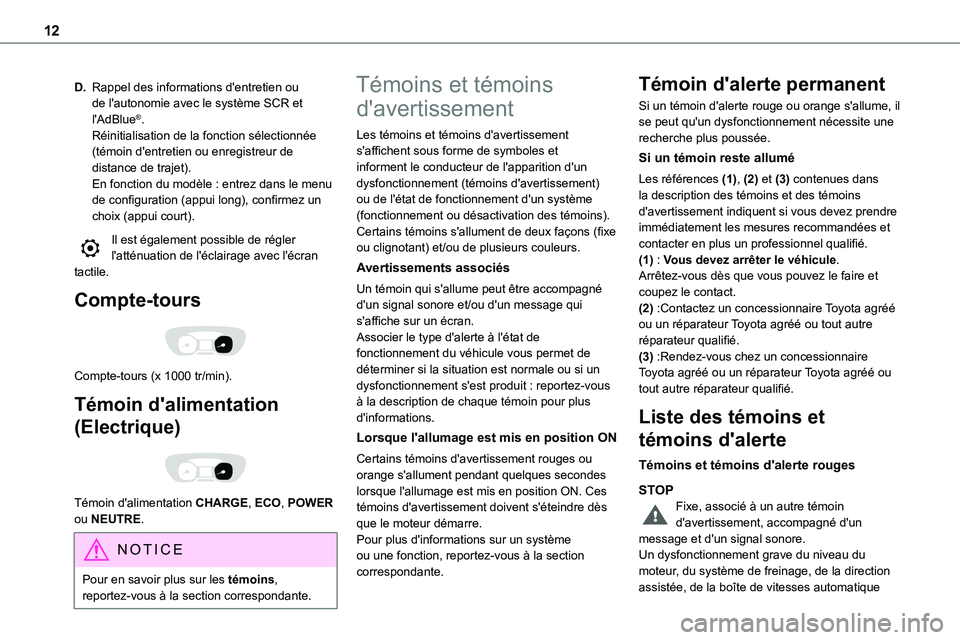 TOYOTA PROACE 2022 Notices Demploi (in French) 12
D.Rappel des informations d'entretien ou de l'autonomie avec le système SCR et l'AdBlue®.Réinitialisation de la fonction sélectionnée (témoin d'entretien ou enregistreur de di TOYOTA PROACE 2022 Notices Demploi (in French) 12
D.Rappel des informations d'entretien ou de l'autonomie avec le système SCR et l'AdBlue®.Réinitialisation de la fonction sélectionnée (témoin d'entretien ou enregistreur de di