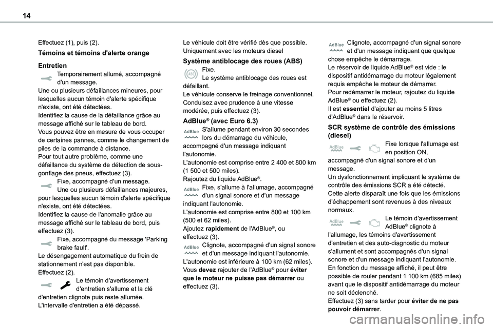 TOYOTA PROACE 2022 Notices Demploi (in French) 14
Effectuez (1), puis (2).
Témoins et témoins d'alerte orange
EntretienTemporairement allumé, accompagné d'un message.Une ou plusieurs défaillances mineures, pour lesquelles aucun témoi TOYOTA PROACE 2022 Notices Demploi (in French) 14
Effectuez (1), puis (2).
Témoins et témoins d'alerte orange
EntretienTemporairement allumé, accompagné d'un message.Une ou plusieurs défaillances mineures, pour lesquelles aucun témoi