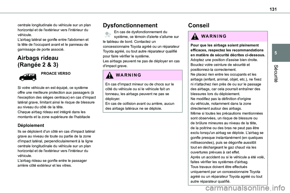 TOYOTA PROACE 2022 Notices Demploi (in French) 131
Sécurité
5
centrale longitudinale du véhicule sur un plan horizontal et de l'extérieur vers l'intérieur du véhicule.L'airbag latéral se gonfle entre l'abdomen et la tête de TOYOTA PROACE 2022 Notices Demploi (in French) 131
Sécurité
5
centrale longitudinale du véhicule sur un plan horizontal et de l'extérieur vers l'intérieur du véhicule.L'airbag latéral se gonfle entre l'abdomen et la tête de