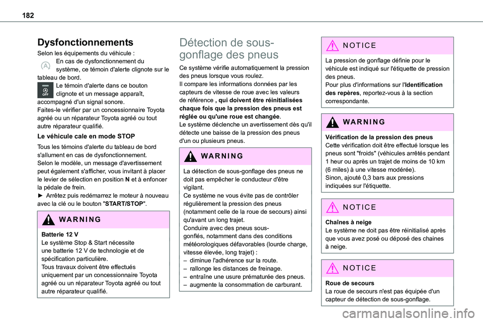 TOYOTA PROACE 2022  Notices Demploi (in French) 182
Dysfonctionnements
Selon les équipements du véhicule :En cas de dysfonctionnement du système, ce témoin d'alerte clignote sur le tableau de bord.Le témoin d'alerte dans ce bouton clig