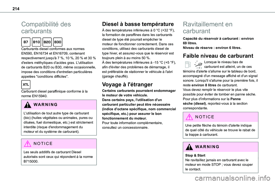 TOYOTA PROACE 2022  Notices Demploi (in French) 214
Compatibilité des 
carburants  
Carburants diesel conformes aux normes EN590, EN16734 et EN16709, contenant respectivement jusqu'à 7 %, 10 %, 20 % et 30 % d'esters méthyliques d'aci