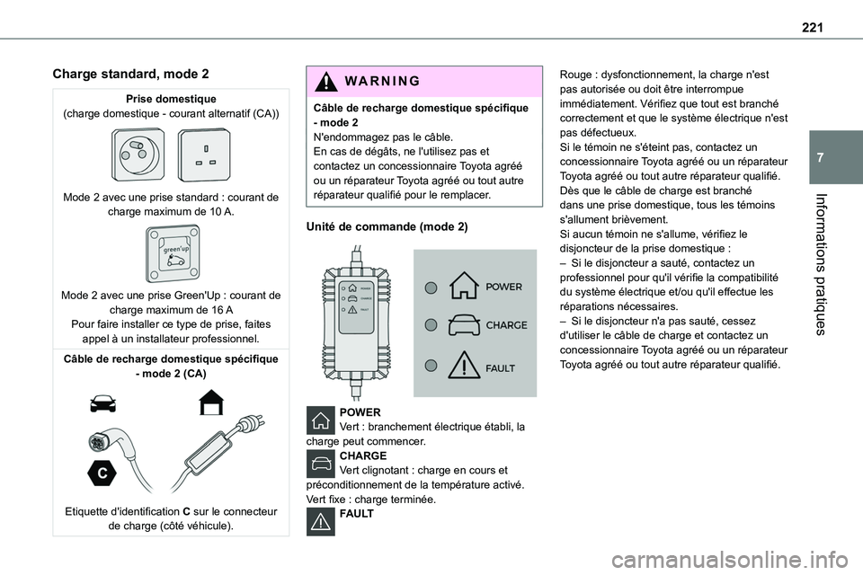 TOYOTA PROACE 2022  Notices Demploi (in French) 221
Informations pratiques
7
Charge standard, mode 2
Prise domestique(charge domestique - courant alternatif (CA)) 
 
Mode 2 avec une prise standard : courant de charge maximum de 10 A. 
 
Mode 2 avec