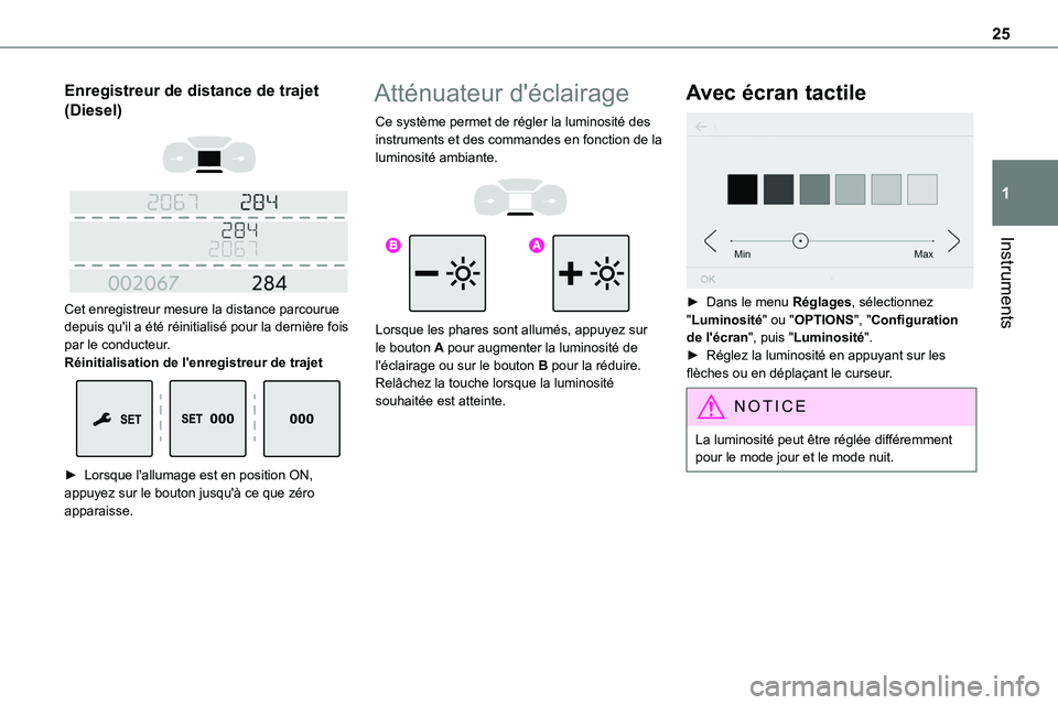 TOYOTA PROACE 2022 Notices Demploi (in French) 25
Instruments
1
Enregistreur de distance de trajet
(Diesel)
Cet enregistreur mesure la distance parcourue depuis qu'il a été réinitialisé pour la dernière fois par le conducteur.Réin TOYOTA PROACE 2022 Notices Demploi (in French) 25
Instruments
1
Enregistreur de distance de trajet
(Diesel)
Cet enregistreur mesure la distance parcourue depuis qu'il a été réinitialisé pour la dernière fois par le conducteur.Réin