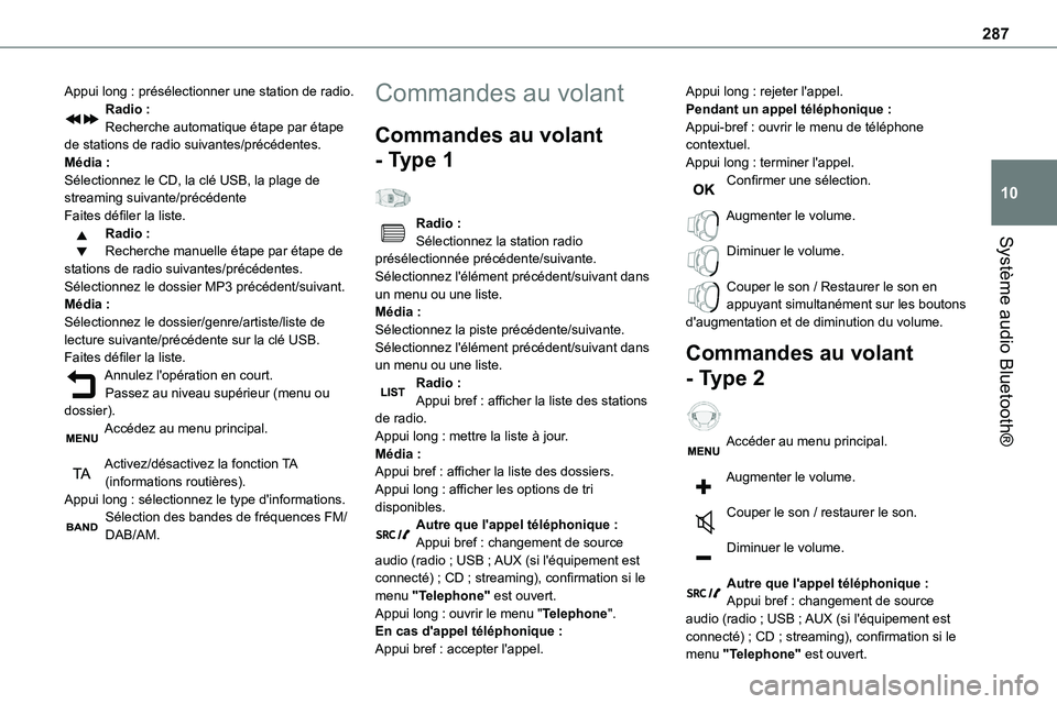 TOYOTA PROACE 2022  Notices Demploi (in French) 287
Système audio Bluetooth®
10
Appui long : présélectionner une station de radio.Radio :Recherche automatique étape par étape de stations de radio suivantes/précédentes.Média :Sélectionnez 