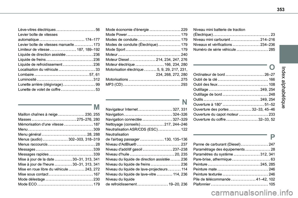 TOYOTA PROACE 2022 Notices Demploi (in French) 353
Index alphabétique
Lève-vitres électriques 56Levier boîte de vitesses automatique 174–177Levier boîte de vitesses manuelle 173Limiteur de vitesse 187, 189–192Liquide de direction TOYOTA PROACE 2022 Notices Demploi (in French) 353
Index alphabétique
Lève-vitres électriques 56Levier boîte de vitesses automatique 174–177Levier boîte de vitesses manuelle 173Limiteur de vitesse 187, 189–192Liquide de direction