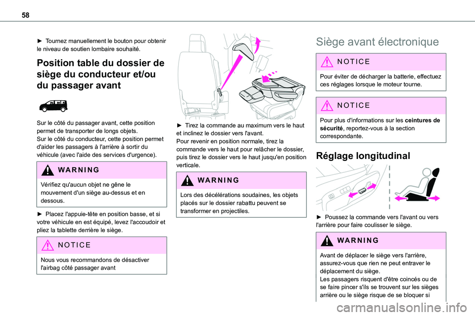 TOYOTA PROACE 2022 Notices Demploi (in French) 58
► Tournez manuellement le bouton pour obtenir le niveau de soutien lombaire souhaité.
Position table du dossier de
siège du conducteur et/ou
du passager avant
Sur le côté du passager ava TOYOTA PROACE 2022 Notices Demploi (in French) 58
► Tournez manuellement le bouton pour obtenir le niveau de soutien lombaire souhaité.
Position table du dossier de
siège du conducteur et/ou
du passager avant
Sur le côté du passager ava