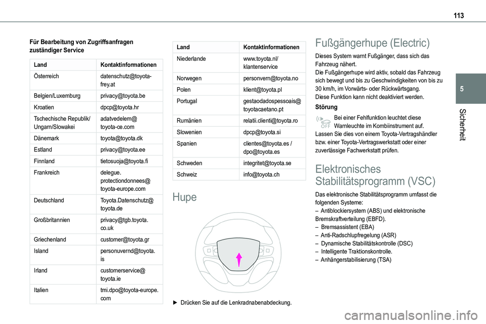 TOYOTA PROACE 2022 Betriebsanleitungen (in German) 11 3
Sicherheit
5
Für Bearbeitung von Zugriffsanfragen zuständiger Service
LandKontaktinformationen
Österreichdatenschutz@toyota-frey.at
Belgien/Luxemburgprivacy@toyota.be
Kroatiendpcp@toyota.hr
Ts TOYOTA PROACE 2022 Betriebsanleitungen (in German) 11 3
Sicherheit
5
Für Bearbeitung von Zugriffsanfragen zuständiger Service
LandKontaktinformationen
Österreichdatenschutz@toyota-frey.at
Belgien/Luxemburgprivacy@toyota.be
Kroatiendpcp@toyota.hr
Ts