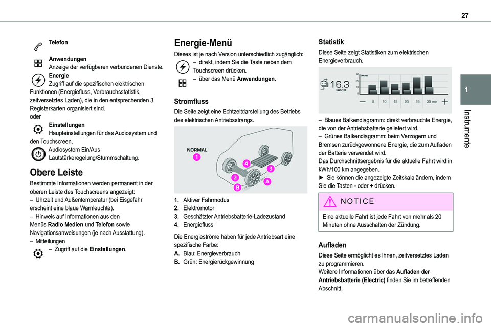 TOYOTA PROACE 2022 Betriebsanleitungen (in German) 27
Instrumente
1
Telefon
AnwendungenAnzeige der verfügbaren verbundenen Dienste.EnergieZugriff auf die spezifischen elektrischen Funktionen (Energiefluss, Verbrauchsstatistik, zeitversetztes Laden), TOYOTA PROACE 2022 Betriebsanleitungen (in German) 27
Instrumente
1
Telefon
AnwendungenAnzeige der verfügbaren verbundenen Dienste.EnergieZugriff auf die spezifischen elektrischen Funktionen (Energiefluss, Verbrauchsstatistik, zeitversetztes Laden),