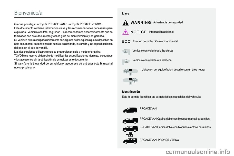 TOYOTA PROACE 2022  Manuale de Empleo (in Spanish)  
  
 
  
 
  
  
  
  
   
   
 
  
   
   
   
Bienvenido/a
Gracias por elegir un Toyota PROACE VAN o un Toyota PROACE VERSO.Este documento contiene información clave y las recomendaciones necesari