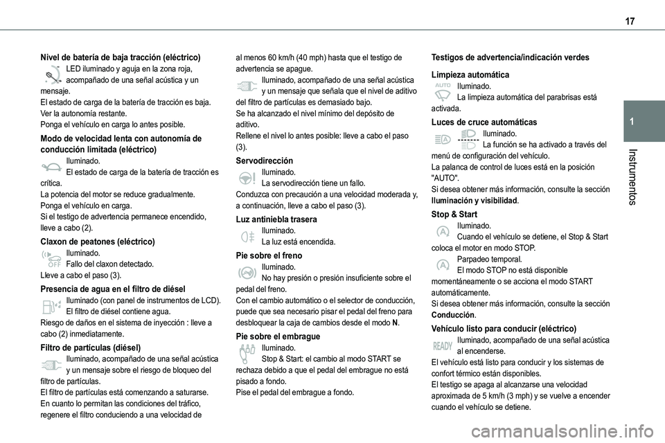 TOYOTA PROACE 2022 Manuale de Empleo (in Spanish) 17
Instrumentos
1
Nivel de batería de baja tracción (eléctrico)
0 %
100
LED iluminado y aguja en la zona roja, acompañado de una señal acústica y un mensaje.El estado de carga de la batería de TOYOTA PROACE 2022 Manuale de Empleo (in Spanish) 17
Instrumentos
1
Nivel de batería de baja tracción (eléctrico)
0 %
100
LED iluminado y aguja en la zona roja, acompañado de una señal acústica y un mensaje.El estado de carga de la batería de