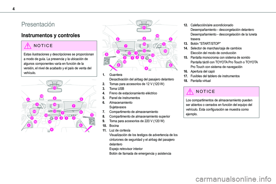 TOYOTA PROACE 2022  Manuale de Empleo (in Spanish) 4
Presentación
Instrumentos y controles
NOTIC E
Estas ilustraciones y descripciones se proporcionan a modo de guía. La presencia y la ubicación de algunos componentes varía en función de la versi