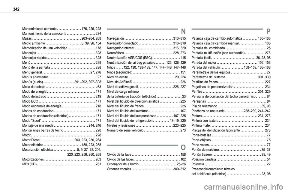 TOYOTA PROACE 2022  Manuale de Empleo (in Spanish) 342
Mantenimiento corriente   176, 226, 228Mantenimiento de la carrocería   234Masas   263–264, 268Medio ambiente   8, 39, 96, 154Memorización de una velocidad    178Mensajes   328Mensajes rápido