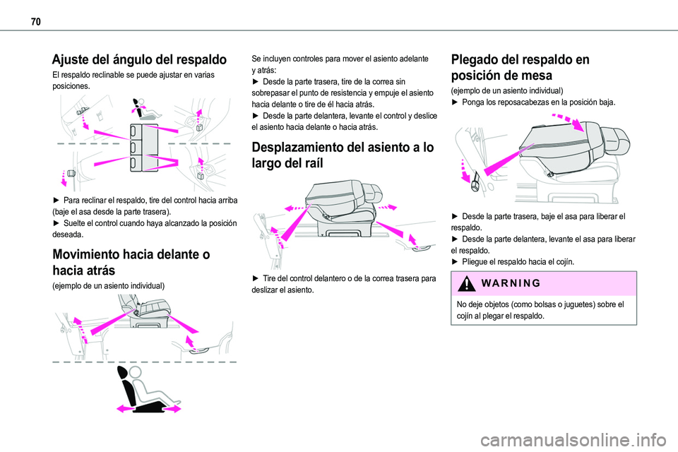 TOYOTA PROACE 2022 Manuale de Empleo (in Spanish) 70
Ajuste del ángulo del respaldo
El respaldo reclinable se puede ajustar en varias posiciones.
â–º Para reclinar el respaldo, tire del control hacia arriba (baje el asa desde la parte trasera).â– TOYOTA PROACE 2022 Manuale de Empleo (in Spanish) 70
Ajuste del ángulo del respaldo
El respaldo reclinable se puede ajustar en varias posiciones.
â–º Para reclinar el respaldo, tire del control hacia arriba (baje el asa desde la parte trasera).â–