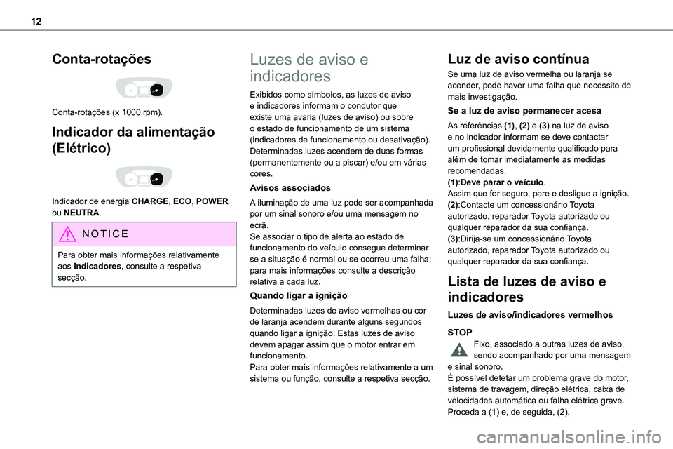 TOYOTA PROACE 2022 Manual de utilização (in Portuguese) 12
Conta-rotações
Conta-rotações (x 1000 rpm).
Indicador da alimentação
(Elétrico)
Indicador de energia CHARGE, ECO, POWER ou NEUTRA.
NOTIC E
Para obter mais informações relativamente TOYOTA PROACE 2022 Manual de utilização (in Portuguese) 12
Conta-rotações
Conta-rotações (x 1000 rpm).
Indicador da alimentação
(Elétrico)
Indicador de energia CHARGE, ECO, POWER ou NEUTRA.
NOTIC E
Para obter mais informações relativamente