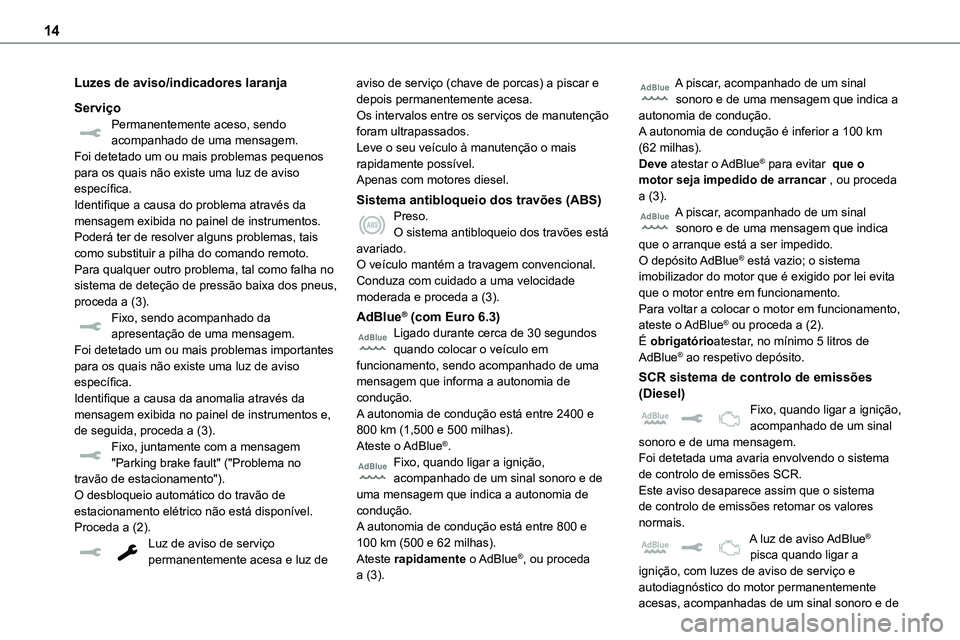 TOYOTA PROACE 2022 Manual de utilização (in Portuguese) 14
Luzes de aviso/indicadores laranja
ServiçoPermanentemente aceso, sendo acompanhado de uma mensagem.Foi detetado um ou mais problemas pequenos para os quais não existe uma luz de aviso específica TOYOTA PROACE 2022 Manual de utilização (in Portuguese) 14
Luzes de aviso/indicadores laranja
ServiçoPermanentemente aceso, sendo acompanhado de uma mensagem.Foi detetado um ou mais problemas pequenos para os quais não existe uma luz de aviso específica