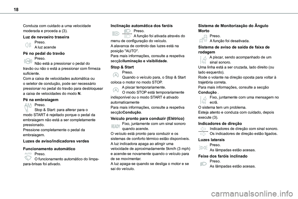 TOYOTA PROACE 2022 Manual de utilização (in Portuguese) 18
Conduza com cuidado a uma velocidade moderada e proceda a (3).
Luz de nevoeiro traseiraPreso.A luz acende
Pé no pedal do travãoPreso.Não está a pressionar o pedal do travão ou não o está a p TOYOTA PROACE 2022 Manual de utilização (in Portuguese) 18
Conduza com cuidado a uma velocidade moderada e proceda a (3).
Luz de nevoeiro traseiraPreso.A luz acende
Pé no pedal do travãoPreso.Não está a pressionar o pedal do travão ou não o está a p