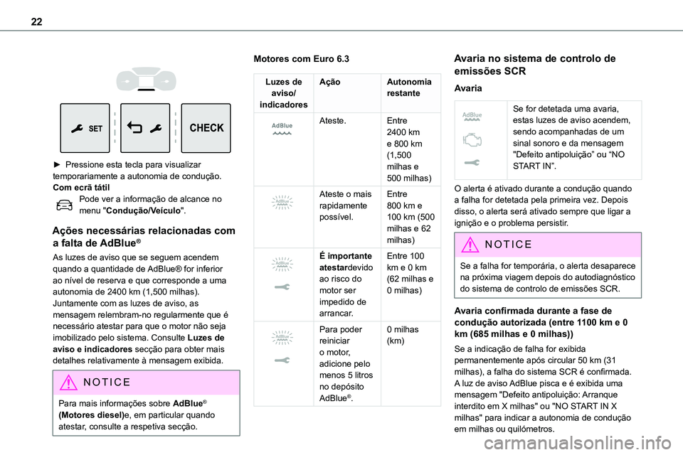 TOYOTA PROACE 2022 Manual de utilização (in Portuguese) 22
► Pressione esta tecla para visualizar temporariamente a autonomia de condução. Com ecrã tátilPode ver a informação de alcance no menu "Condução/Veículo".
Ações necessá TOYOTA PROACE 2022 Manual de utilização (in Portuguese) 22
► Pressione esta tecla para visualizar temporariamente a autonomia de condução. Com ecrã tátilPode ver a informação de alcance no menu "Condução/Veículo".
Ações necessá