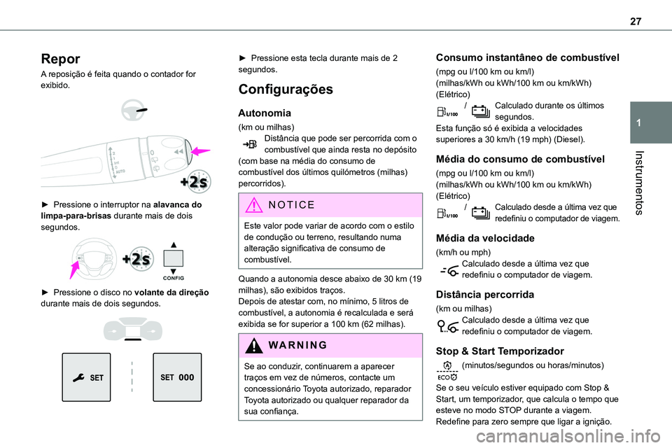TOYOTA PROACE 2022 Manual de utilização (in Portuguese) 27
Instrumentos
1
Repor
A reposição é feita quando o contador for exibido.
► Pressione o interruptor na alavanca do limpa-para-brisas durante mais de dois segundos.
► Pressione o disco TOYOTA PROACE 2022 Manual de utilização (in Portuguese) 27
Instrumentos
1
Repor
A reposição é feita quando o contador for exibido.
► Pressione o interruptor na alavanca do limpa-para-brisas durante mais de dois segundos.
► Pressione o disco