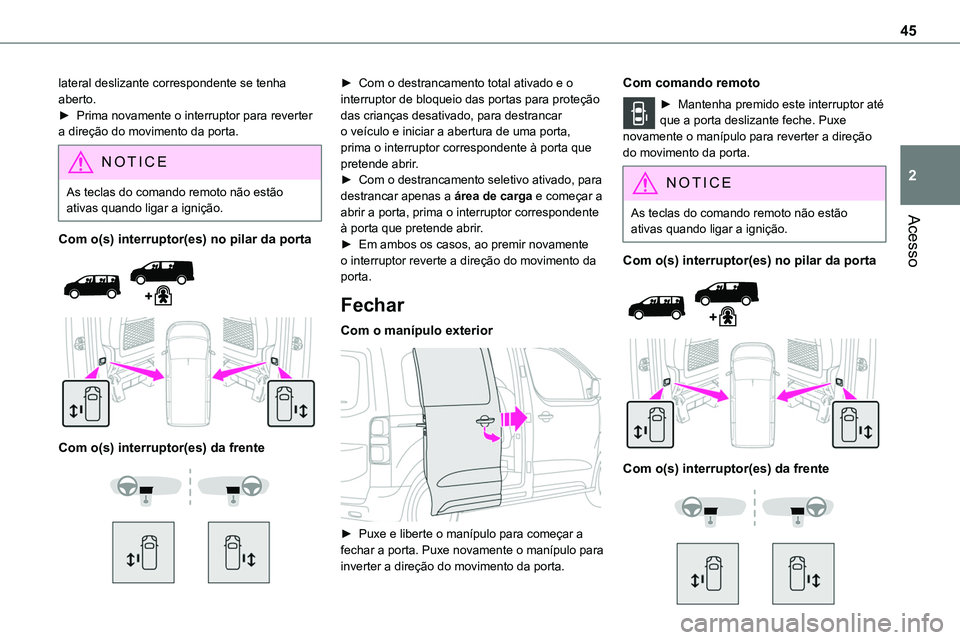 TOYOTA PROACE 2022 Manual de utilização (in Portuguese) 45
Acesso
2
lateral deslizante correspondente se tenha aberto. ► Prima novamente o interruptor para reverter a direção do movimento da porta.
NOTIC E
As teclas do comando remoto não estão ativas TOYOTA PROACE 2022 Manual de utilização (in Portuguese) 45
Acesso
2
lateral deslizante correspondente se tenha aberto. ► Prima novamente o interruptor para reverter a direção do movimento da porta.
NOTIC E
As teclas do comando remoto não estão ativas