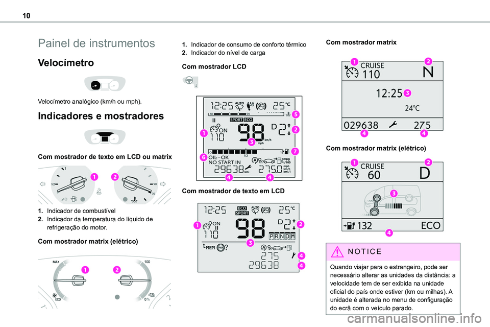 TOYOTA PROACE 2022 Manual de utilização (in Portuguese) 10
Painel de instrumentos
Velocímetro
Velocímetro analógico (km/h ou mph).
Indicadores e mostradores
Com mostrador de texto em LCD ou matrix
1.Indicador de combustível
2.Indicador da temp TOYOTA PROACE 2022 Manual de utilização (in Portuguese) 10
Painel de instrumentos
Velocímetro
Velocímetro analógico (km/h ou mph).
Indicadores e mostradores
Com mostrador de texto em LCD ou matrix
1.Indicador de combustível
2.Indicador da temp