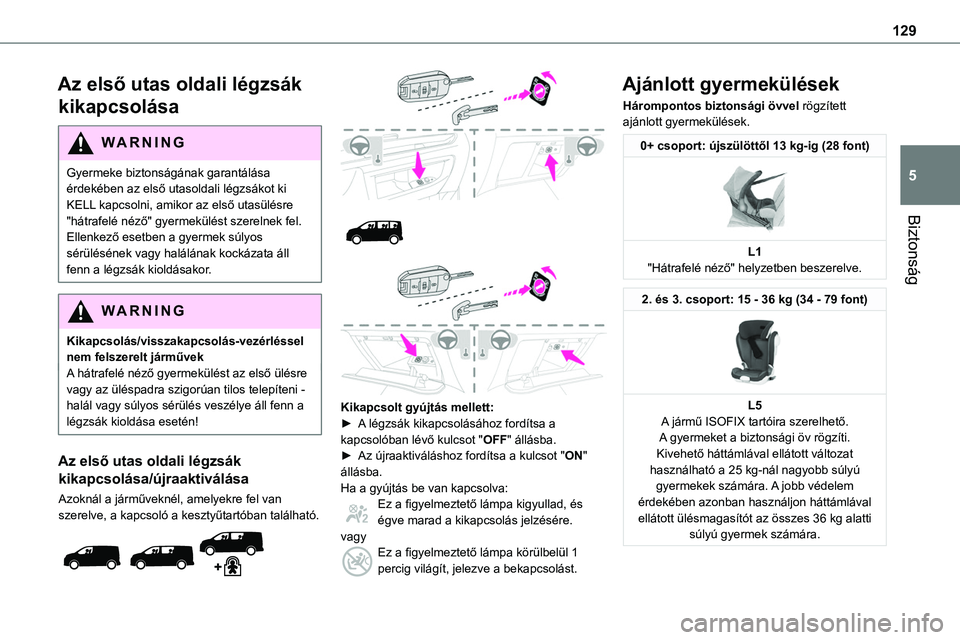 TOYOTA PROACE 2022  Kezelési útmutató (in Hungarian) 129
Biztonság
5
Az első utas oldali légzsák 
kikapcsolása
WARNI NG
Gyermeke biztonságának garantálása érdekében az első utasoldali légzsákot ki KELL kapcsolni, amikor az első utasülés
