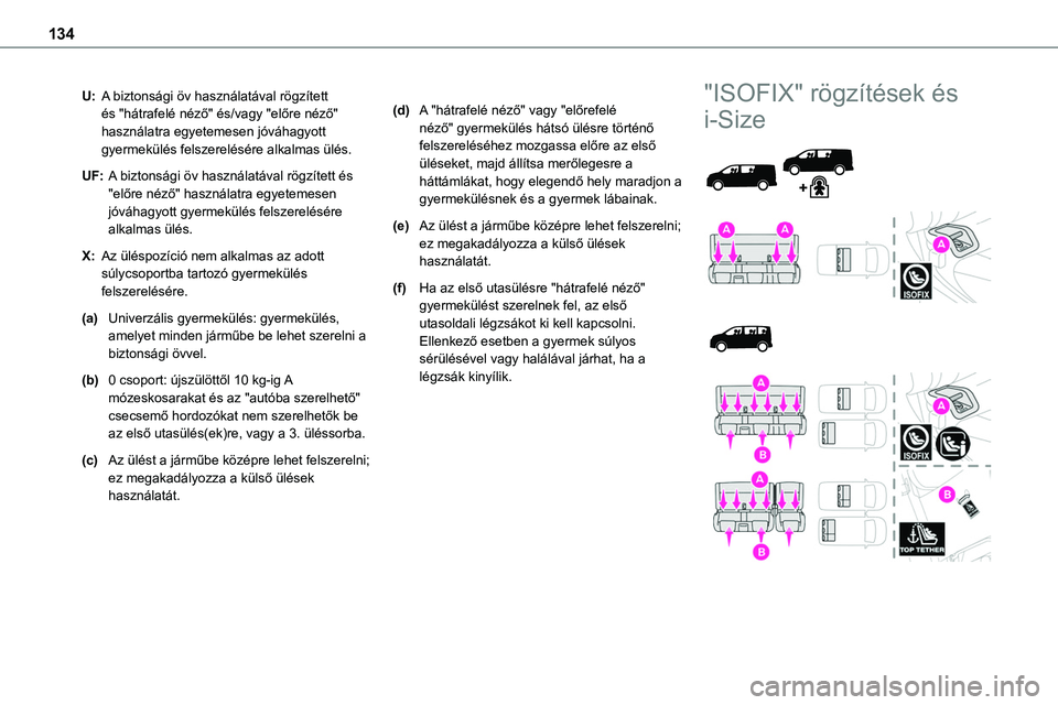 TOYOTA PROACE 2022 Kezelési útmutató (in Hungarian) 134
U:A biztonsági öv használatával rögzített és "hátrafelé néző" és/vagy "előre néző" használatra egyetemesen jóváhagyott gyermekülés felszerelésére alkalmas ül TOYOTA PROACE 2022 Kezelési útmutató (in Hungarian) 134
U:A biztonsági öv használatával rögzített és "hátrafelé néző" és/vagy "előre néző" használatra egyetemesen jóváhagyott gyermekülés felszerelésére alkalmas ül