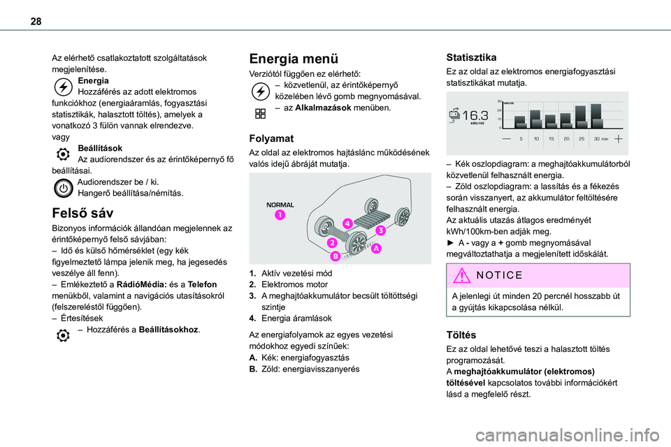 TOYOTA PROACE 2022  Kezelési útmutató (in Hungarian) 28
Az elérhető csatlakoztatott szolgáltatások megjelenítése.EnergiaHozzáférés az adott elektromos funkciókhoz (energiaáramlás, fogyasztási statisztikák, halasztott töltés), amelyek a v