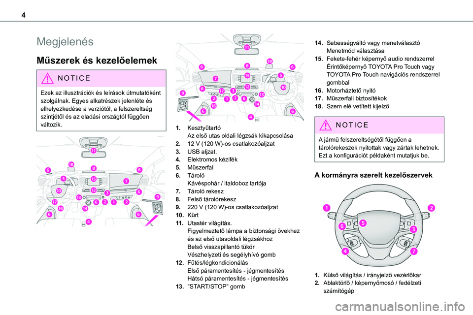 TOYOTA PROACE 2022  Kezelési útmutató (in Hungarian) 4
Megjelenés
Műszerek és kezelőelemek
NOTIC E
Ezek az illusztrációk és leírások útmutatóként szolgálnak. Egyes alkatrészek jelenléte és elhelyezkedése a verziótól, a felszereltség 