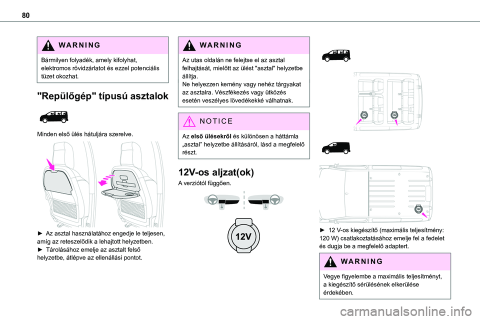 TOYOTA PROACE 2022 Kezelési útmutató (in Hungarian) 80
WARNI NG
Bármilyen folyadék, amely kifolyhat, elektromos rövidzárlatot és ezzel potenciális tüzet okozhat.
"Repülőgép" típusú asztalok
Minden első ülés hátuljára szerelv TOYOTA PROACE 2022 Kezelési útmutató (in Hungarian) 80
WARNI NG
Bármilyen folyadék, amely kifolyhat, elektromos rövidzárlatot és ezzel potenciális tüzet okozhat.
"Repülőgép" típusú asztalok
Minden első ülés hátuljára szerelv