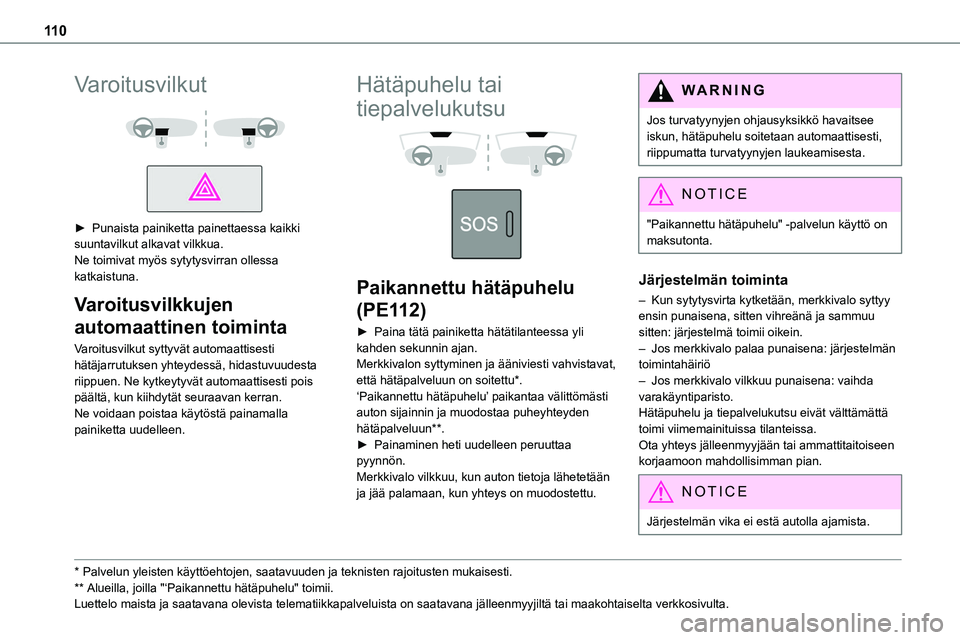 TOYOTA PROACE 2022 Omistajan Käsikirja (in Finnish) 11 0
Varoitusvilkut
► Punaista painiketta painettaessa kaikki suuntavilkut alkavat vilkkua.Ne toimivat myös sytytysvirran ollessa katkaistuna.
Varoitusvilkkujen
automaattinen toim TOYOTA PROACE 2022 Omistajan Käsikirja (in Finnish) 11 0
Varoitusvilkut
► Punaista painiketta painettaessa kaikki suuntavilkut alkavat vilkkua.Ne toimivat myös sytytysvirran ollessa katkaistuna.
Varoitusvilkkujen
automaattinen toim