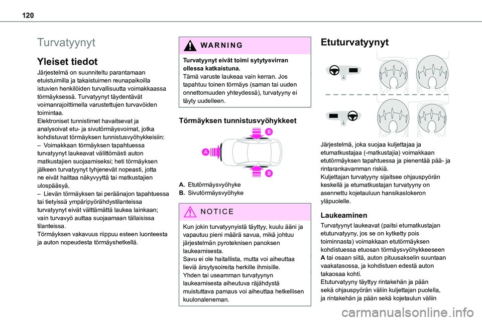 TOYOTA PROACE 2022 Omistajan Käsikirja (in Finnish) 120
Turvatyynyt
Yleiset tiedot
Järjestelmä on suunniteltu parantamaan etuistuimilla ja takaistuimen reunapaikoilla istuvien henkilöiden turvallisuutta voimakkaassa törmäyksessä. Turvatyynyt täy TOYOTA PROACE 2022 Omistajan Käsikirja (in Finnish) 120
Turvatyynyt
Yleiset tiedot
Järjestelmä on suunniteltu parantamaan etuistuimilla ja takaistuimen reunapaikoilla istuvien henkilöiden turvallisuutta voimakkaassa törmäyksessä. Turvatyynyt täy