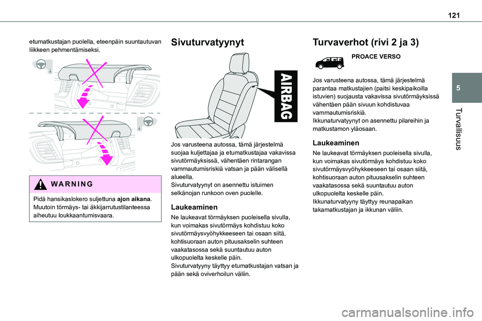 TOYOTA PROACE 2022 Omistajan Käsikirja (in Finnish) 121
Turvallisuus
5
etumatkustajan puolella, eteenpäin suuntautuvan liikkeen pehmentämiseksi.
WARNI NG
Pidä hansikaslokero suljettuna ajon aikana. Muutoin törmäys- tai äkkijarrutustilanteessa TOYOTA PROACE 2022 Omistajan Käsikirja (in Finnish) 121
Turvallisuus
5
etumatkustajan puolella, eteenpäin suuntautuvan liikkeen pehmentämiseksi.
WARNI NG
Pidä hansikaslokero suljettuna ajon aikana. Muutoin törmäys- tai äkkijarrutustilanteessa