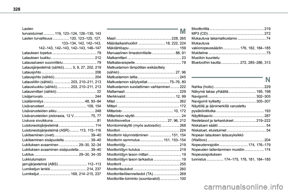 TOYOTA PROACE 2022 Omistajan Käsikirja (in Finnish) 328
Lasten turvaistuimet 11 9, 123–124, 126–130, 143Lasten turvallisuus 120, 123–125, 127, 133–134, 142, 142–143, 142–143, 142–143, 142–143, 146–147Latauksen lopetus 79Latau TOYOTA PROACE 2022 Omistajan Käsikirja (in Finnish) 328
Lasten turvaistuimet 11 9, 123–124, 126–130, 143Lasten turvallisuus 120, 123–125, 127, 133–134, 142, 142–143, 142–143, 142–143, 142–143, 146–147Latauksen lopetus 79Latau