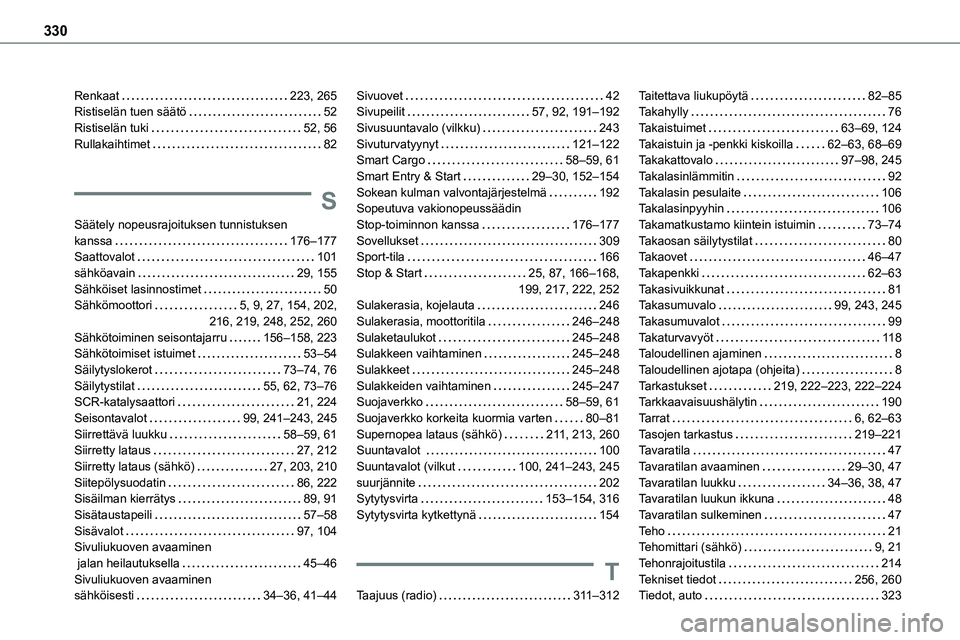 TOYOTA PROACE 2022 Omistajan Käsikirja (in Finnish) 330
Renkaat 223, 265Ristiselän tuen säätö 52Ristiselän tuki 52, 56Rullakaihtimet 82
S
Säätely nopeusrajoituksen tunnistuksen kanssa 176–177Saattovalot 101sähköavain 29, 155Sà TOYOTA PROACE 2022 Omistajan Käsikirja (in Finnish) 330
Renkaat 223, 265Ristiselän tuen säätö 52Ristiselän tuki 52, 56Rullakaihtimet 82
S
Säätely nopeusrajoituksen tunnistuksen kanssa 176–177Saattovalot 101sähköavain 29, 155SÃ