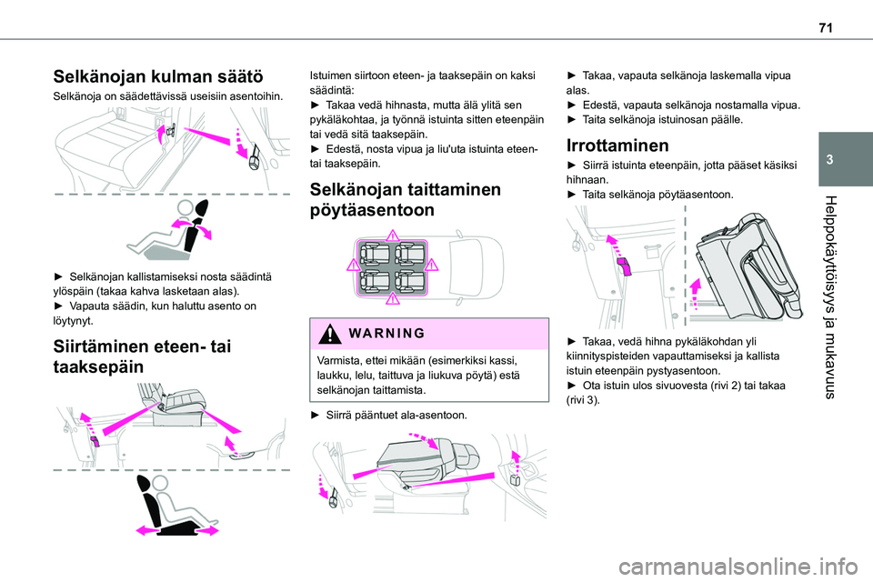 TOYOTA PROACE 2022 Omistajan Käsikirja (in Finnish) 71
Helppokäyttöisyys ja mukavuus
3
Selkänojan kulman säätö
Selkänoja on säädettävissä useisiin asentoihin.
►  Selkänojan kallistamiseksi nosta säädintä ylöspäin (takaa TOYOTA PROACE 2022 Omistajan Käsikirja (in Finnish) 71
Helppokäyttöisyys ja mukavuus
3
Selkänojan kulman säätö
Selkänoja on säädettävissä useisiin asentoihin.
►  Selkänojan kallistamiseksi nosta säädintä ylöspäin (takaa
